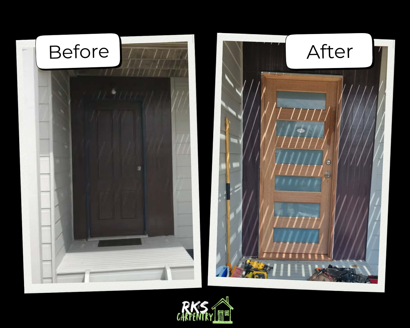 Front door replacement before and after - new timber door with glass panels