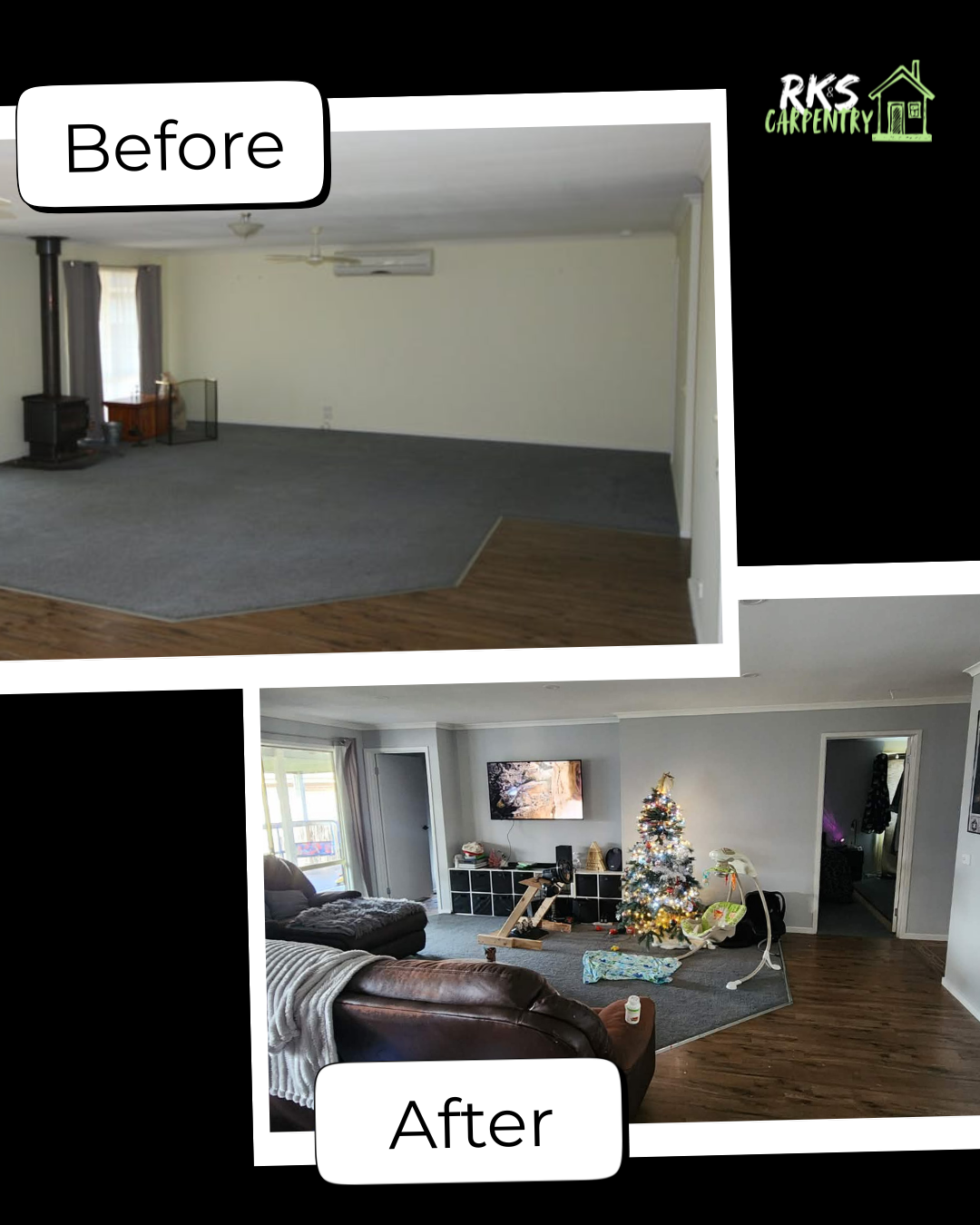 Living room renovation before and after - new flooring and paint