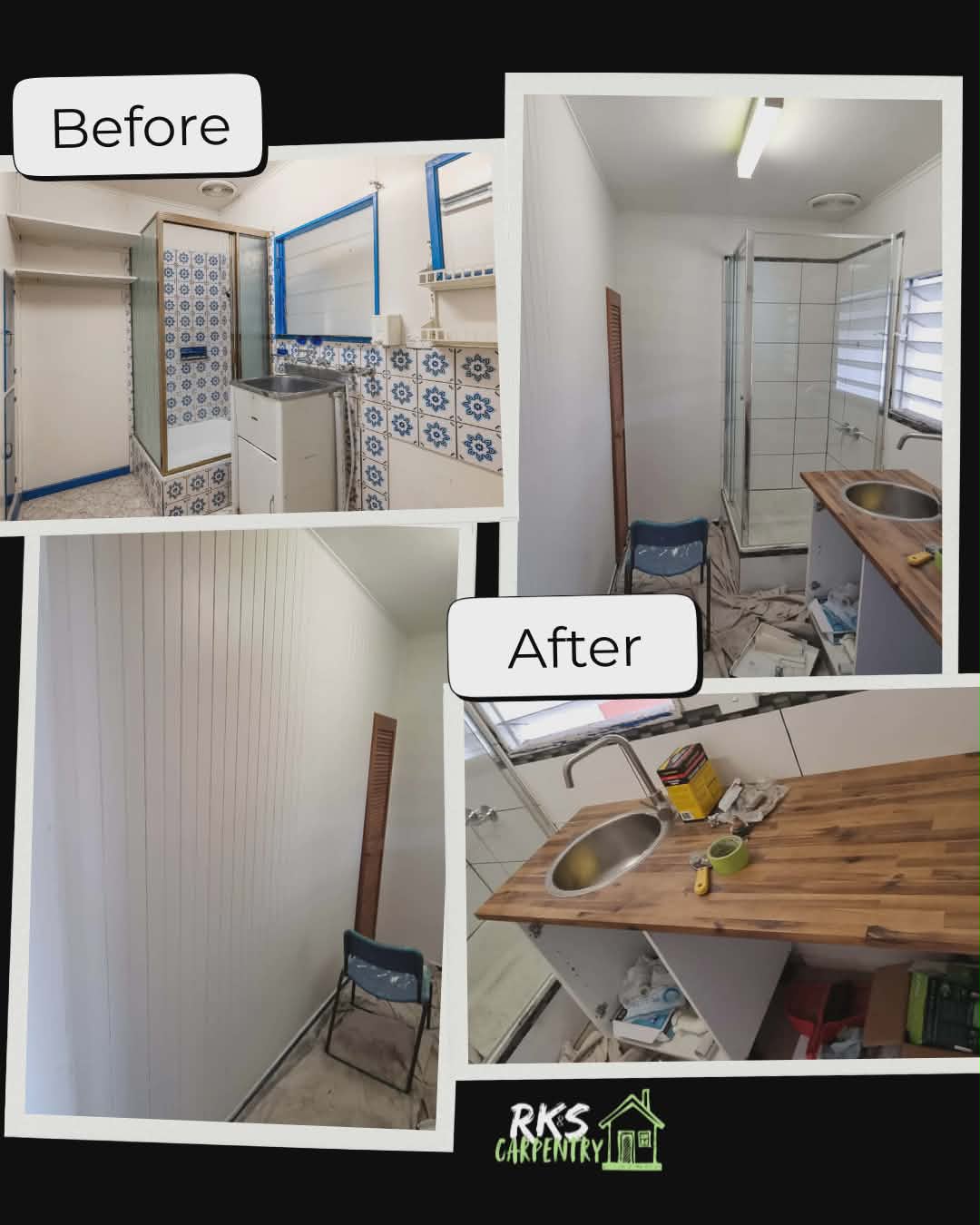 Laundry renovation before and after - new timber benchtop and modern fixtures